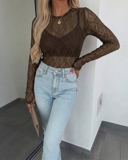 CHICMELIVE Lace Top Sheer Mesh Fitted Shirts for Women with Thumb Holes