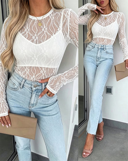 CHICMELIVE Lace Top Sheer Mesh Fitted Shirts for Women with Thumb Holes