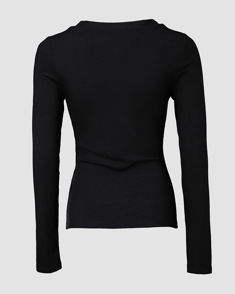 ChicMe Built-in Bra U-Neck Long Sleeve Ribbed Top