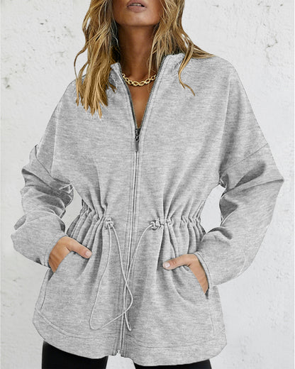 Long Sleeve Waist Drawstring Hooded Coat Casual Loose Fit Cardigan Jacket with Pockets