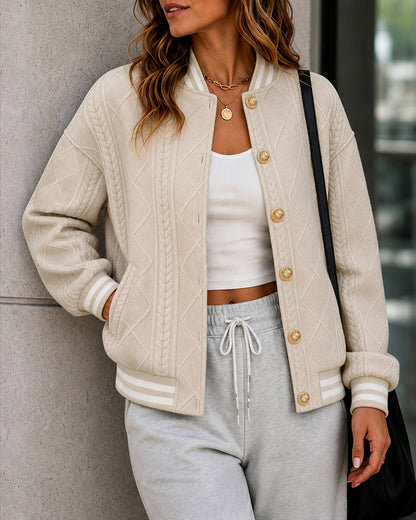 CHICMELIVE Women's Cable Knit Bomber Jacket Casual Button Down Cardigan