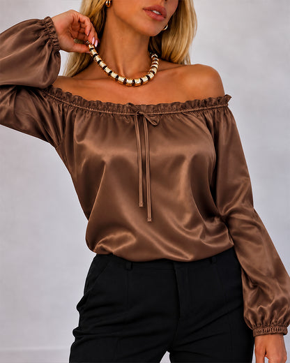 CHICMELIVE Off Shoulder Satin Tops Women Ruffle Tie Front Blouse