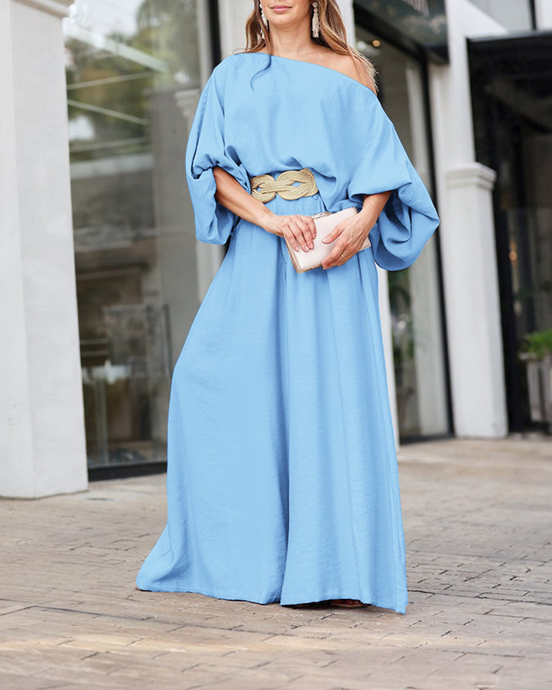 Skew Neck Lantern Sleeve Loose Top & Zipper Fly Wide Leg Pants Set without Belt