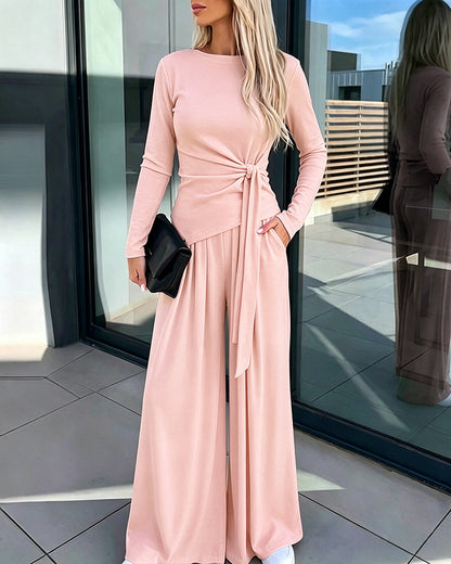 Women's 2 Piece Knit Lounge Set Long Sleeve Tie Waist Top and High Waisted Wide Leg Pants Casual Soft Sweatsuit with Pockets