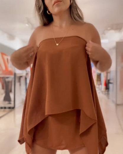3 Pieces Outfit Solid Off Shoulder Split Sleeve Convertible Crop Top and Casual Elastic Waist Skorts Set With Bandeau(Without Belt)