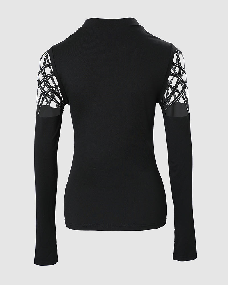 Rhinestone Hollow Out Cold Shoulder Long Sleeve Top Casual Tee