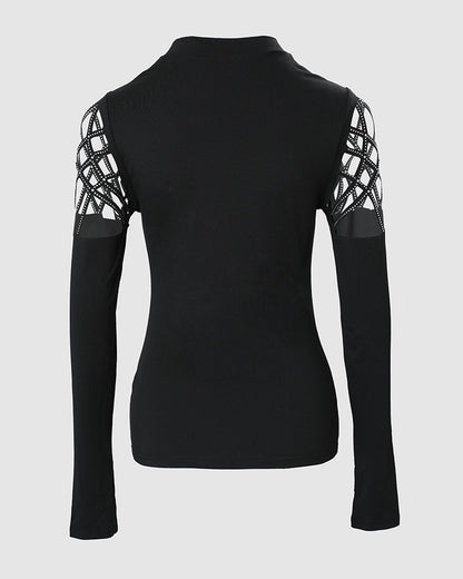 Rhinestone Hollow Out Cold Shoulder Long Sleeve Top Casual Tee
