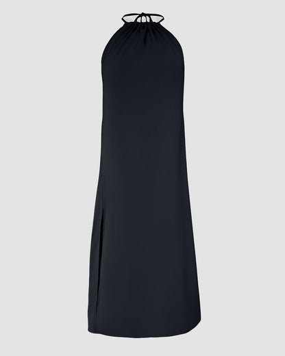 Halter Sleeveless Backless Maxi Dress Casual Shirred Back Side Slit Vacation Dress
