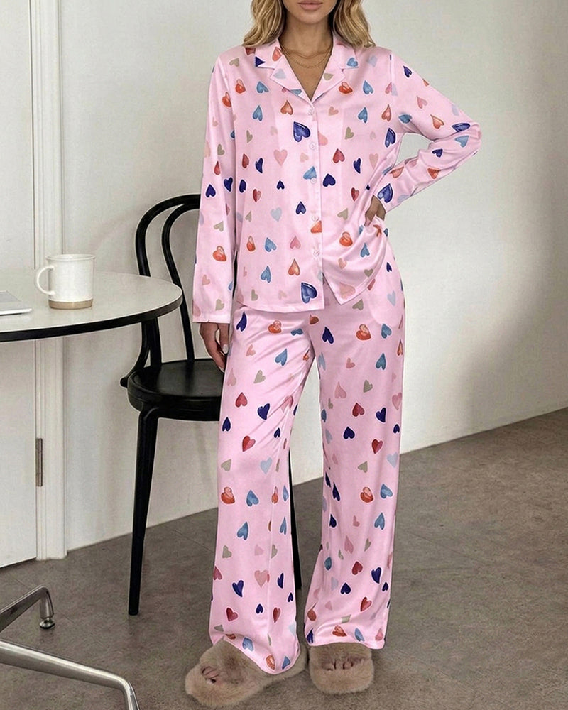 Women's Colorful Heart Print 2 Piece Pajama Set Long Sleeve Button Down Top and High Waisted Pants Casual Lounge Sets