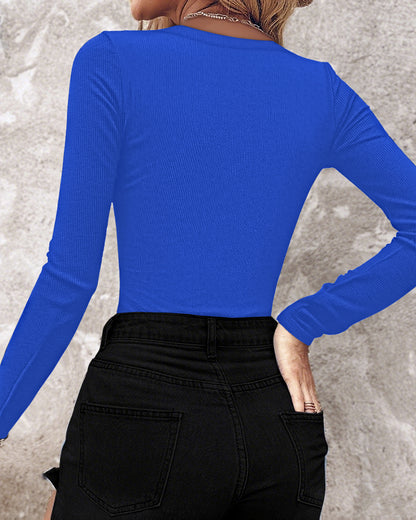 Rhinestone Decor Keyhole Neck Hollow Water Drop Ribbed Top Long Sleeve Slim Fit Layering Top