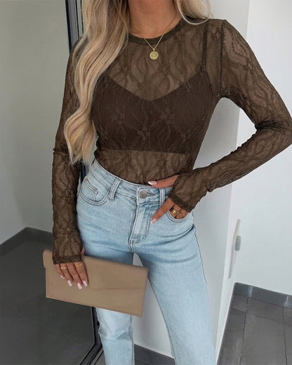 CHICMELIVE Lace Top Sheer Mesh Fitted Shirts for Women with Thumb Holes