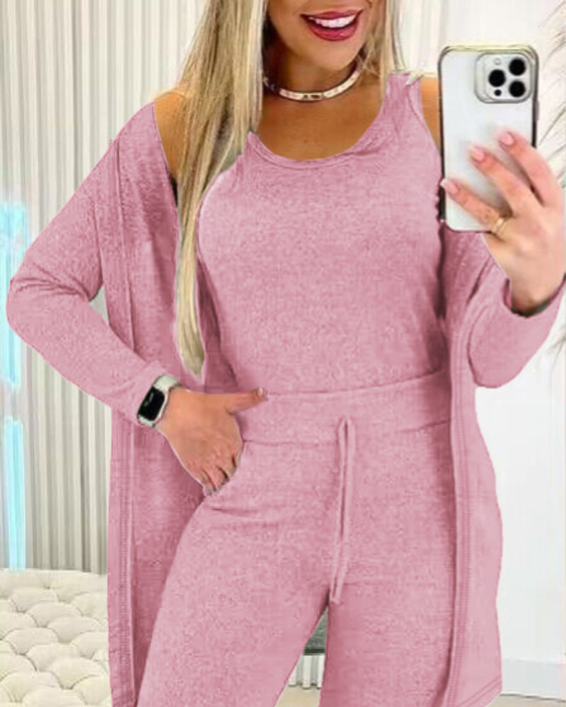 3 Piece Lounge Set Crewneck Sleeveless Tank Top Long Sleeve Open Front Coat Pants Sweatsuit