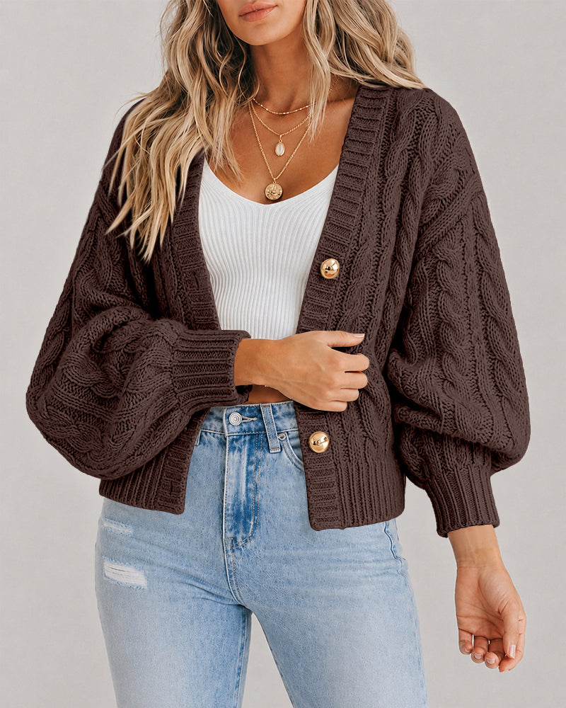Women's Cable Knit Cardigan V Neck Button Down Chunky Knit Sweater Loose Lantern Sleeve Warm Outerwear
