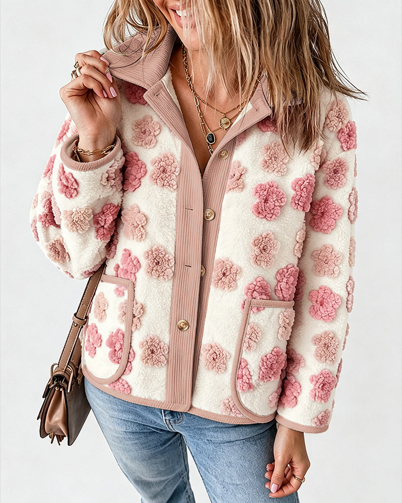 CHICMELIVE Women's Soft Floral Sherpa Jacket Corduroy Button Down Coat
