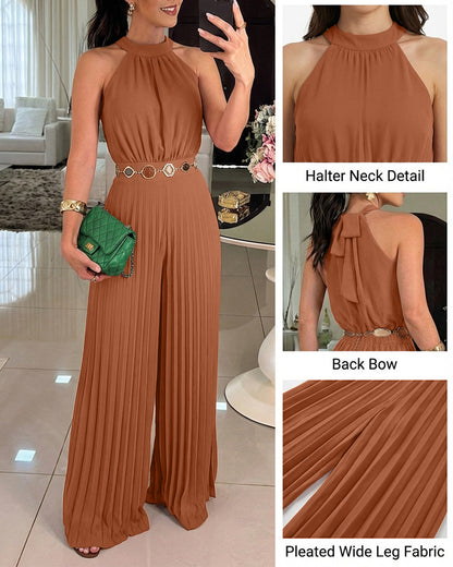 ChicMeLive Women's Halter Tie Wide Leg Jumpsuit Pleated High Waist One-Piece Romper Elegant Sleeveless Evening Party Jumpsuit without Waist Chain