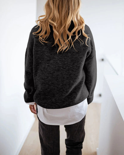 Women's Rib-Knit Polo Sweater V-Neck Collared Long Sleeve Pullover Loose Fit Drop Shoulder Top