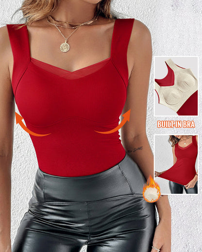 Sheer Mesh Spliced V Neck Sleeveless Built In Bra Tank Casual Warm Fleece Lined Slim Fit Top