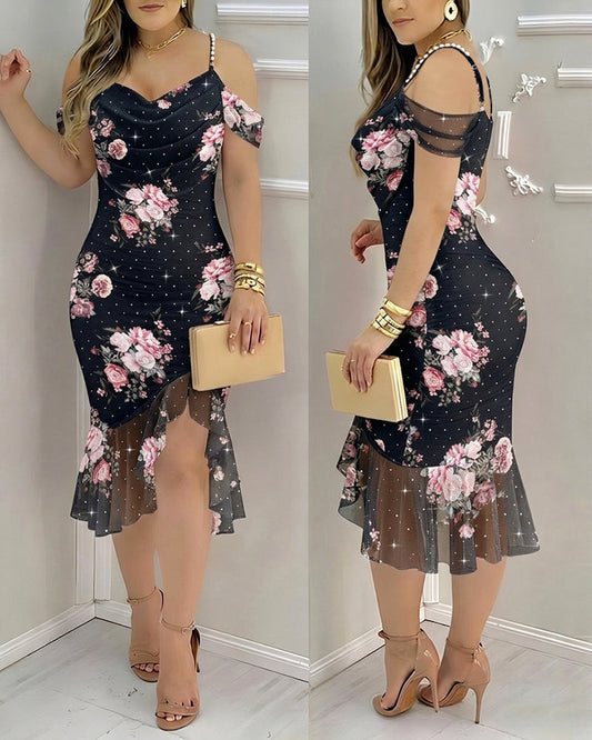 Women's Floral Mesh Slit Dress Rhinestone Pearls Decor Straps Cold Shoulder Ruffle Hem Dress Sexy Bodycon Party Dress