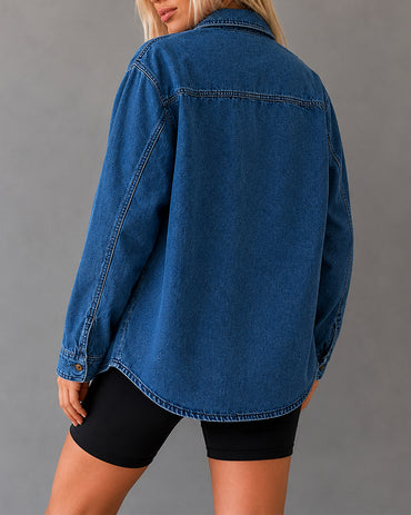 CHICMELIVE Womens Oversized Rhinestone Denim Shacket Badge Embroidered Jacket