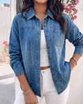 Women's Rhinestone Denim Jacket Washed Button-Down Shacket Sparkling Loose Fit Long Sleeve Casual Outerwear
