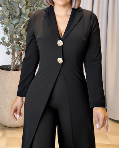 Notched Collar Long Sleeve Button Front Jumpsuit Casual Cinched Waist Wide Leg Faux Two-Piece Jumpsuit