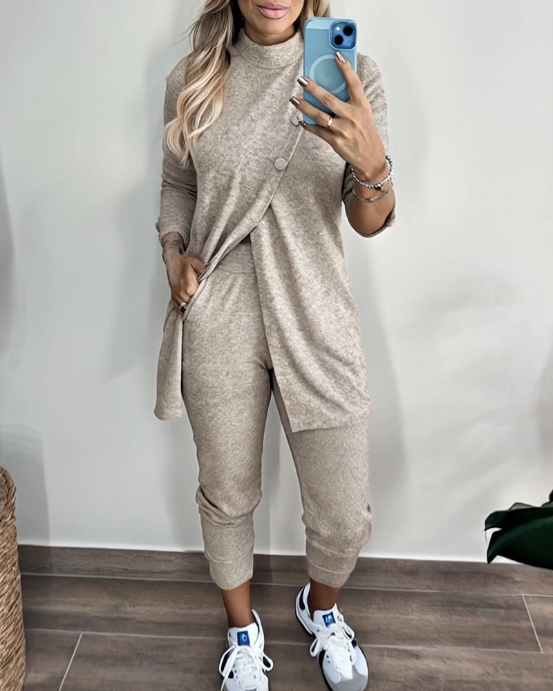 2 Pieces Outfit Mock Neck Long Sleeve Button Decor Slit Mid-Length Top and Stretchy Drawstring High Waist Slim Fit Pants Set