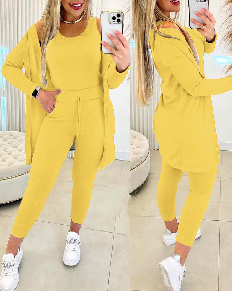 3 Piece Lounge Set Crewneck Sleeveless Tank Top Long Sleeve Open Front Coat Pants Sweatsuit