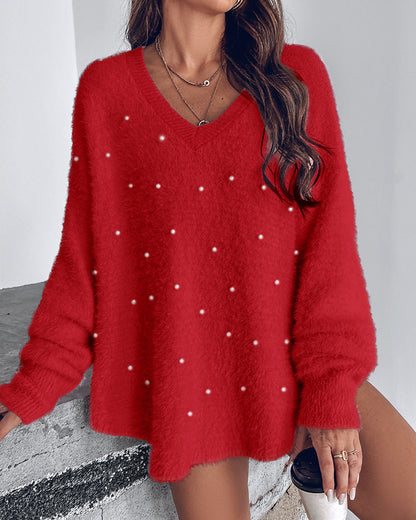 V-Neck Long Sleeve Beaded Decor Oversized Sweater Fluffy Pullover Top