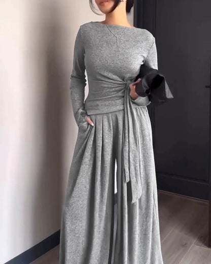 Women's 2 Piece Knit Lounge Set Long Sleeve Tie Waist Top and High Waisted Wide Leg Pants Casual Soft Sweatsuit with Pockets