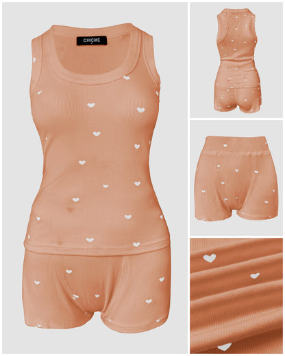 2 Pieces Outfit Heart Print U Neck Sleeveless Tank Top and Casual Strechy Waist Shorts Set Slim Fit Ribbed Pajamas Set