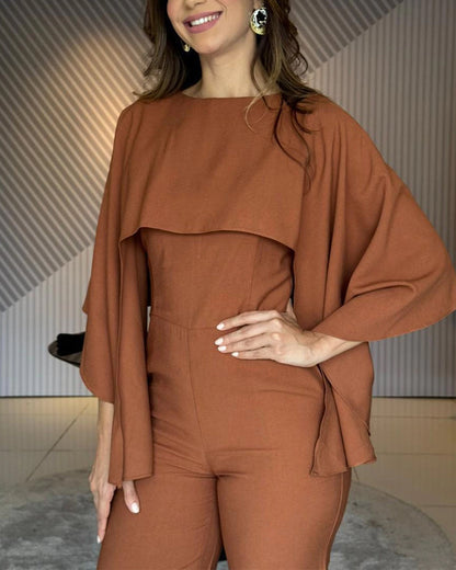 Women's Cape Jumpsuit High Waist Straight Leg Overalls Elegant Evening Jumpsuit with Pockets