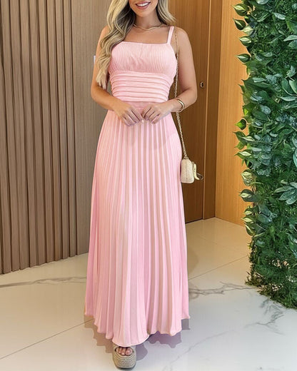 French Style Square Neck Adjustable Straps Backless Cami Maxi Dress Casual Cinched Waist Shirred Back Pleated Vacation Dress