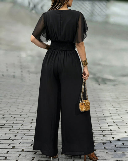Women's Overlap V Neck Jumpsuit Butterfly Sleeve Wide Leg Romper Tied Waist Shirred Back Split Leg Overalls