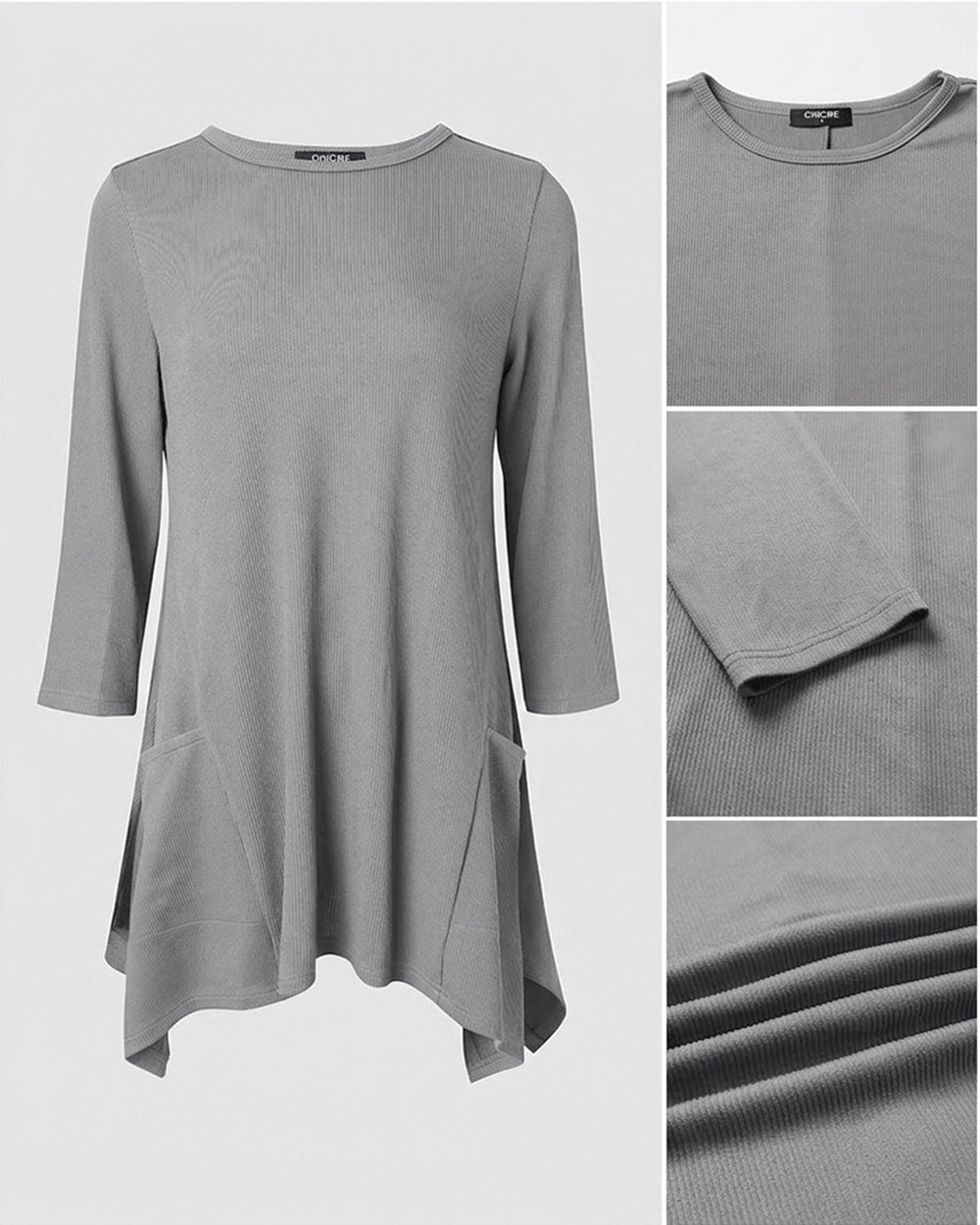 CHICMELIVE Womens 3/4 Sleeve Ribbed Tunic Asymmetrical Hem Loose Top