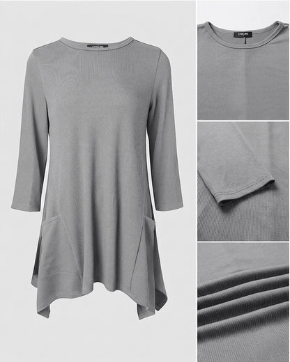 CHICMELIVE Womens 3/4 Sleeve Ribbed Tunic Asymmetrical Hem Loose Top