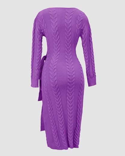 Cable Textured Overlap Deep V-Neck Long Sleeve Mid-Length Dress Tie Waist Slim Fit Knit Dress