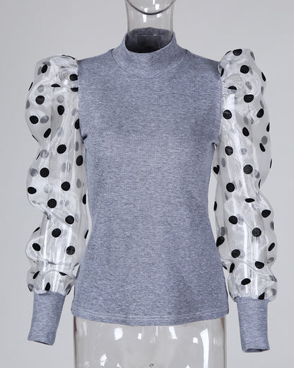 Dot Mesh Patch Mock Neck Puff Sleeve Blouse Casaul Pullover Knit Top