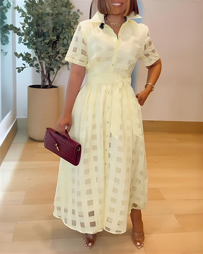 Turn-down Collar Plaid Mesh Double-Layered Cinched Waist Maxi Dress Button Down Bow Tie Waist Commuting Dress