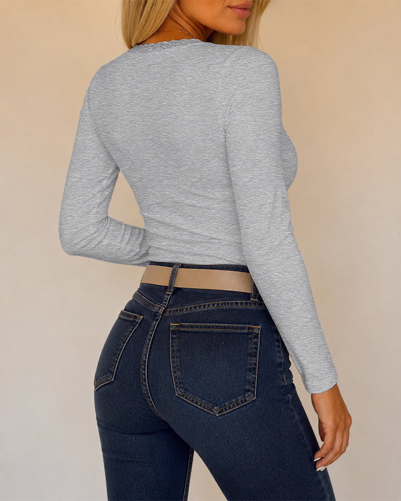 CHICMELIVE Women Lace Long Sleeve Top V Neck Fitted Shirts Fall Blouses
