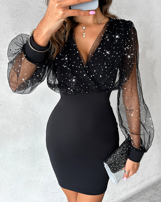 Glitter Sheer Mesh Spliced Overlap V-Neck Mesh Lantern Sleeve Mini Party Dress Ruched Zipper Back Slim Fit Evening Dress