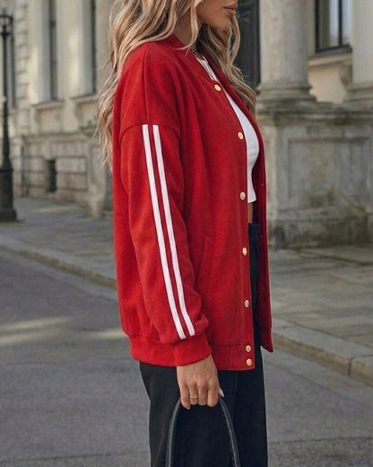 Women's Varsity Jacket Contrast Side Striped Loose Baseball Jacket Button Up Bomber Jacket