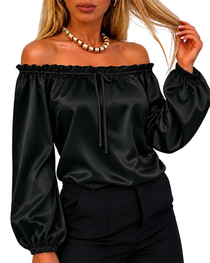 CHICMELIVE Off Shoulder Satin Tops Women Ruffle Tie Front Blouse