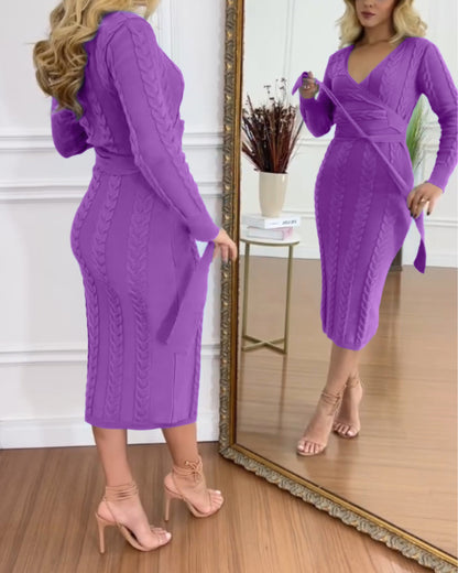 Cable Textured Overlap Deep V-Neck Long Sleeve Mid-Length Dress Tie Waist Slim Fit Knit Dress
