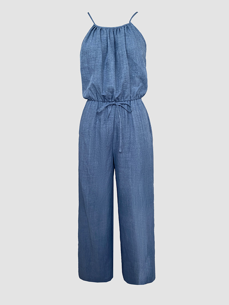 Womens Spaghetti Strap Drawstring Tied Waist Jumpsuit Casual Overalls