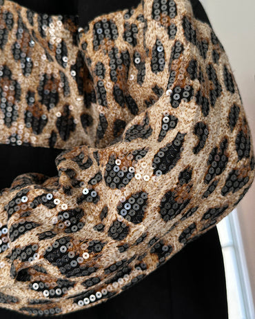 Contrast Leopard Sequin Patchwork Long Sleeve Jacket Top Button Front Raw Hem Shacket