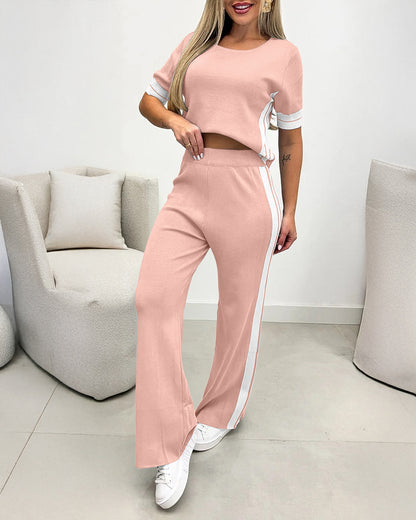 Women's Contrast Stripe 2 Piece Knit Outfits Short Sleeve Crewneck Top and Wide Leg Pants Set Casual Loungewear