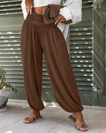 Women's High Waisted Ruched Harem Pants Elastic Waist Lantern Joggers Flowy Wide Leg Lounge Trousers