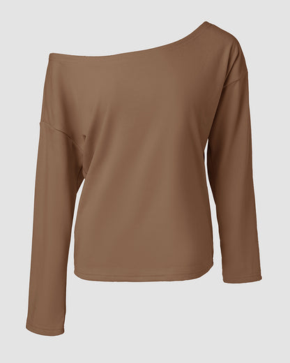 2 Pieces Outfit Long Sleeve Skew Neck Pullover Top and Drawstring Elastic Waist Slim Fit Pants Set