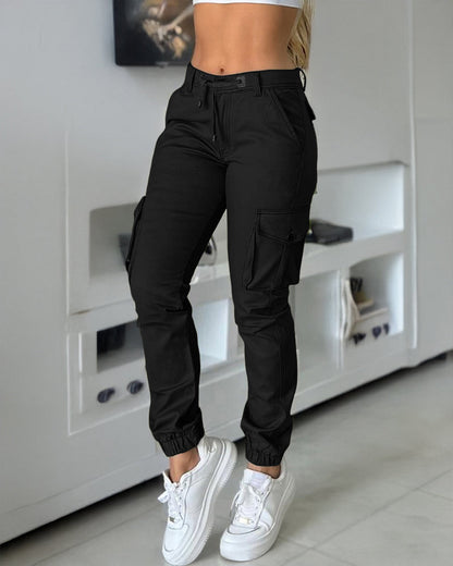 Zipper Fly Drawstring Elastic Back Waist Cuffed Trousers Casual Multiple Flap Pockets Design Cargo Pants