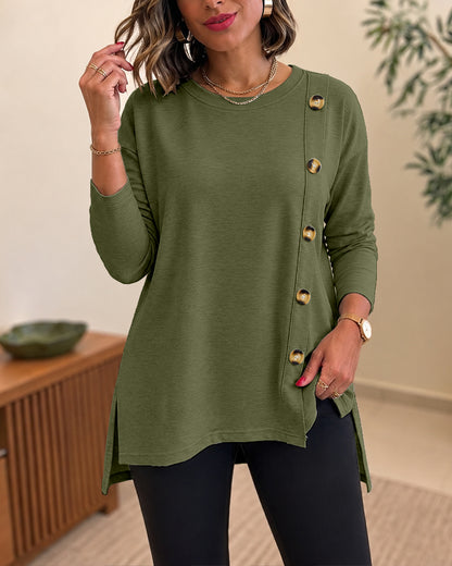 CHICMELIVE Womens Long Sleeve Tops with Buttons Dressy Casual Crewneck Shirts